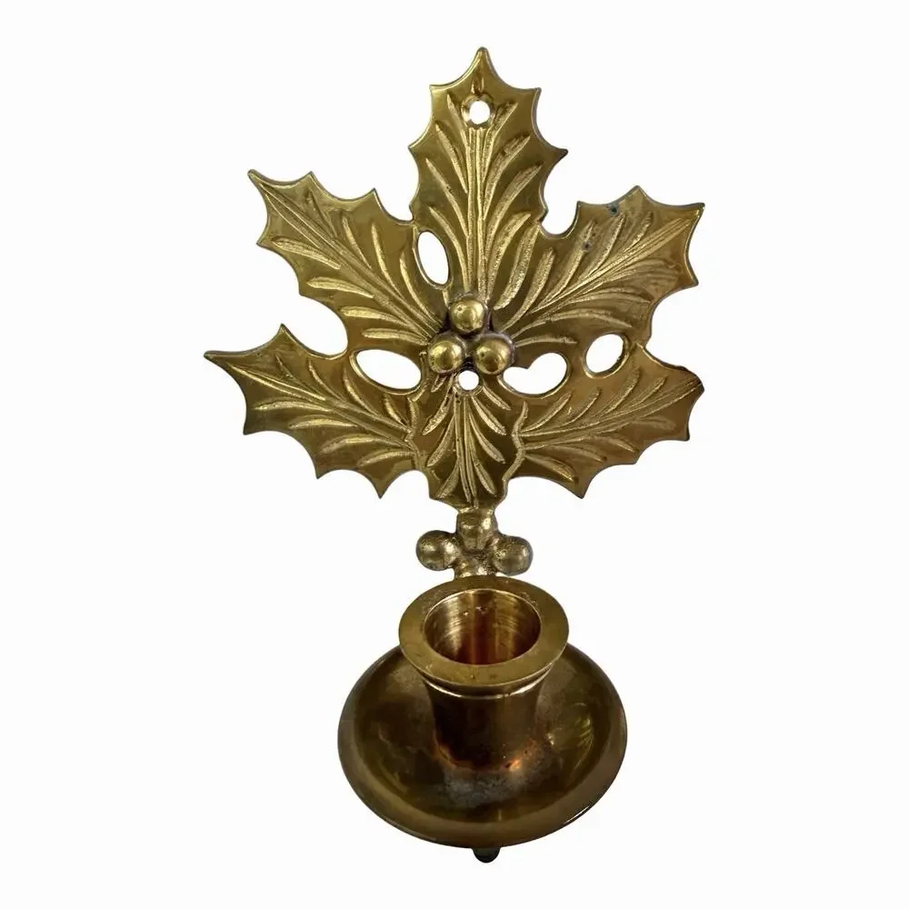 Viintage Solid Brass Candle Holders Wall Decor Holly Leaf Shaped India 7”x5”